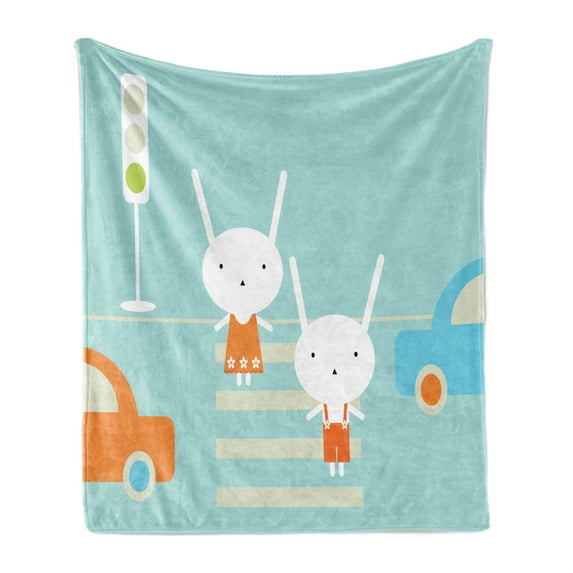 Bunny Soft Flannel Fleece Blanket, Traffic Rules Theme Boy and Girl Rabbits Crossing the Road Educational Kids Cartoon, Cozy Plush for Indoor and Outdoor Use, 70" x 90", Multicolor, by Ambesonne