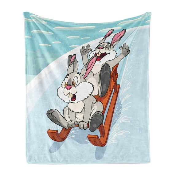 Bunny Soft Flannel Fleece Blanket, Winter Wooden Sled Cartoon Style Compositions of Woodland Animals Nursery Theme, Cozy Plush for Indoor and Outdoor Use, 70" x 90", Aqua and Orange, by Ambesonne