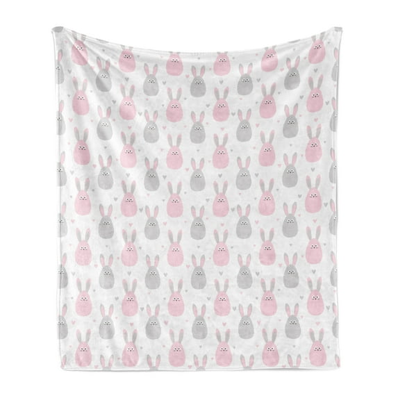 Bunny Soft Flannel Fleece Throw Blanket, Bicolour Pattern of Cartoon Fluffy Baby Rabbits and Minimal Hearts, Cozy Plush for Indoor and Outdoor Use, 50" x 70", Baby Pink and Pale Grey, by Ambesonne
