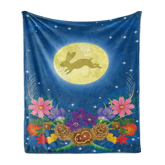 Bunny Soft Flannel Fleece Throw Blanket, Dreamy Illustration of a Rabbit Silhouette up in the Night Sky Moon and Flowers, Cozy Plush for Indoor and Outdoor Use, 50" x 60", Multicolor, by Ambesonne