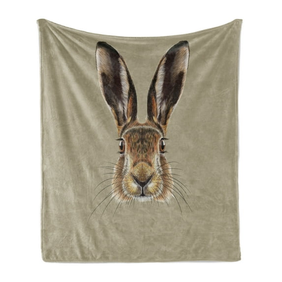 Bunny Soft Flannel Fleece Throw Blanket, Face of a Wild Hare Realistic Illustration Fluffy Forest Animal, Cozy Plush for Indoor and Outdoor Use, 60" x 80", Sepia Brown, by Ambesonne