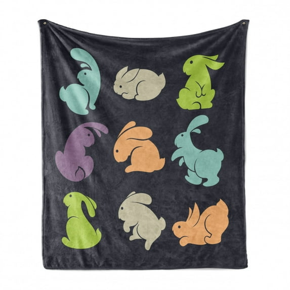 Bunny Soft Flannel Fleece Throw Blanket, Pastel Colored Rabbit in Different Positions on a Dark Background, Cozy Plush for Indoor and Outdoor Use, 70" x 90", Multicolor, by Ambesonne