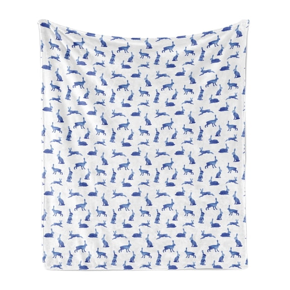 Bunny Soft Flannel Fleece Throw Blanket, Rabbits Jumping Sitting Standing Pattern in Watercolor Effect, Cozy Plush for Indoor and Outdoor Use, 50" x 60", Cobalt Blue Sky Blue, by Ambesonne