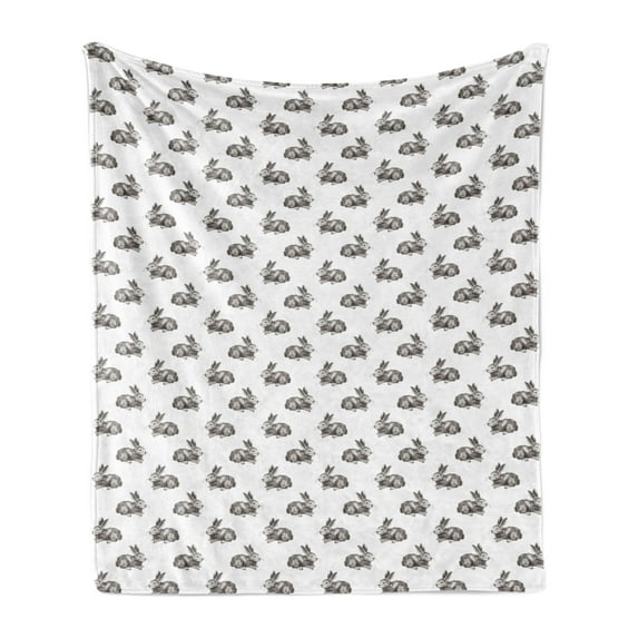Bunny Soft Flannel Fleece Throw Blanket, Sketch Art Pattern with Hand-drawn Rabbits Wildlife Doodle Hare Animals, Cozy Plush for Indoor and Outdoor Use, 60" x 80", Dark Brown and White, by Ambesonne