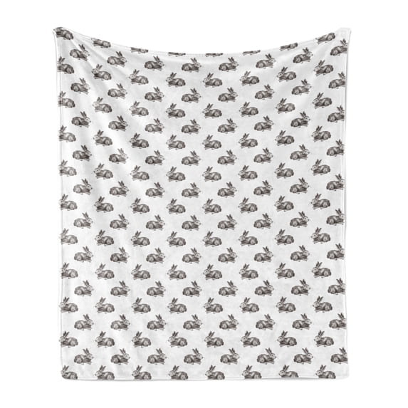 Bunny Soft Flannel Fleece Throw Blanket, Sketch Art Pattern with Hand-drawn Rabbits Wildlife Doodle Hare Animals, Cozy Plush for Indoor and Outdoor Use, 70" x 90", Dark Brown and White, by Ambesonne