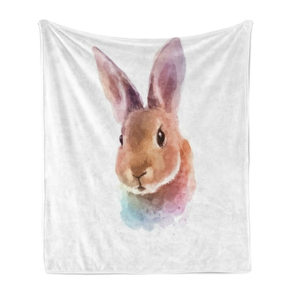 Bunny Soft Flannel Fleece Throw Blanket, Watercolor Illustration of a Rabbit Head Baby Animal Wildlife Themed Artwork, Cozy Plush for Indoor and Outdoor Use, 50" x 70", Pale Brown Lilac, by Ambesonne