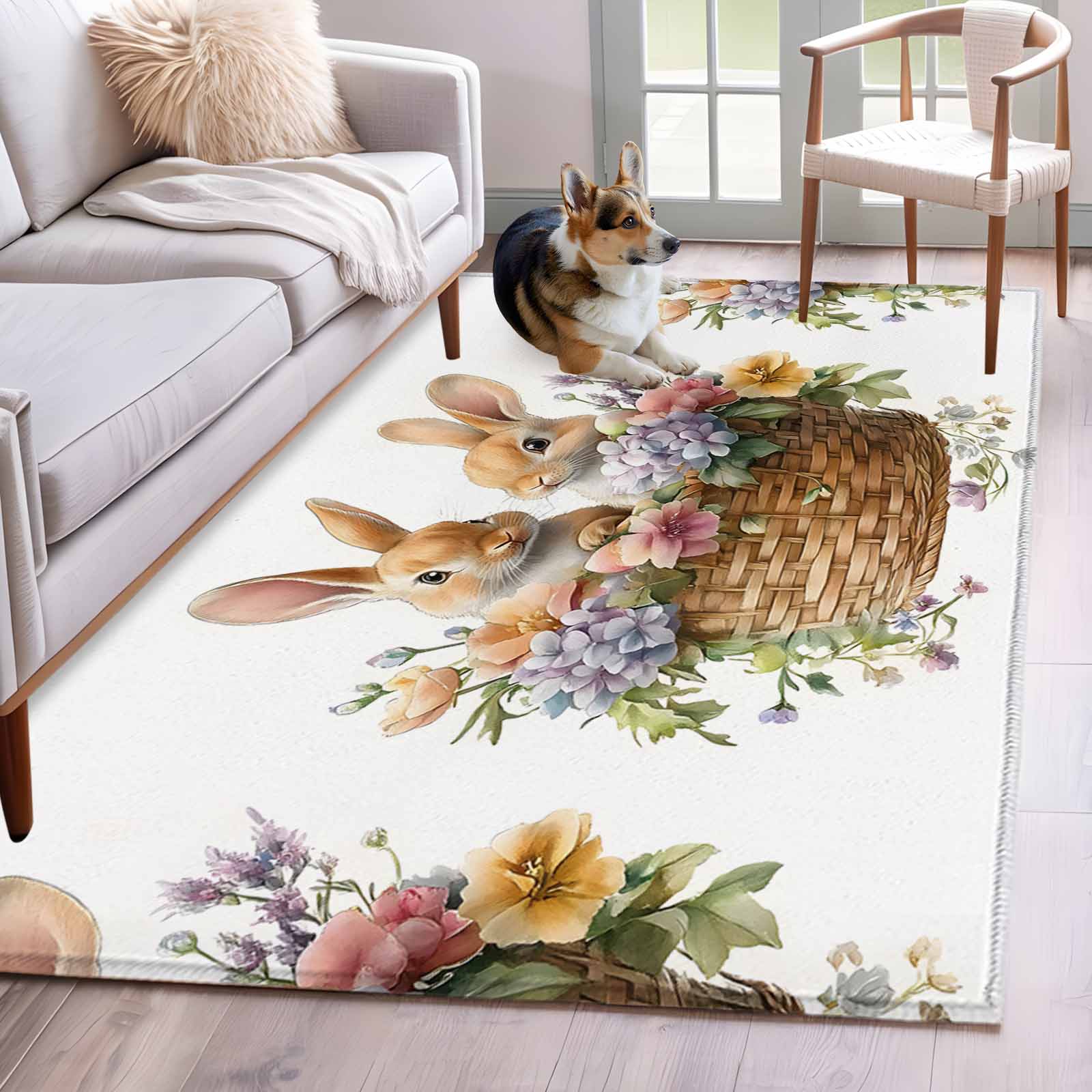 Easter Rug Design Bunny Spring Easter Area Rug 4x6 Washable Rug Non Slip Colorful Floral ...