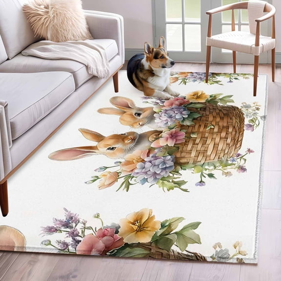 Bunny Spring Easter Area Rug 4x6 Washable Rug Non Slip Colorful Floral Watercolor Eggs Large Area Rug Indoor Floor Carpet for Entryway Bedroom Kitchen Living Room Home Office Dining Room Nursery