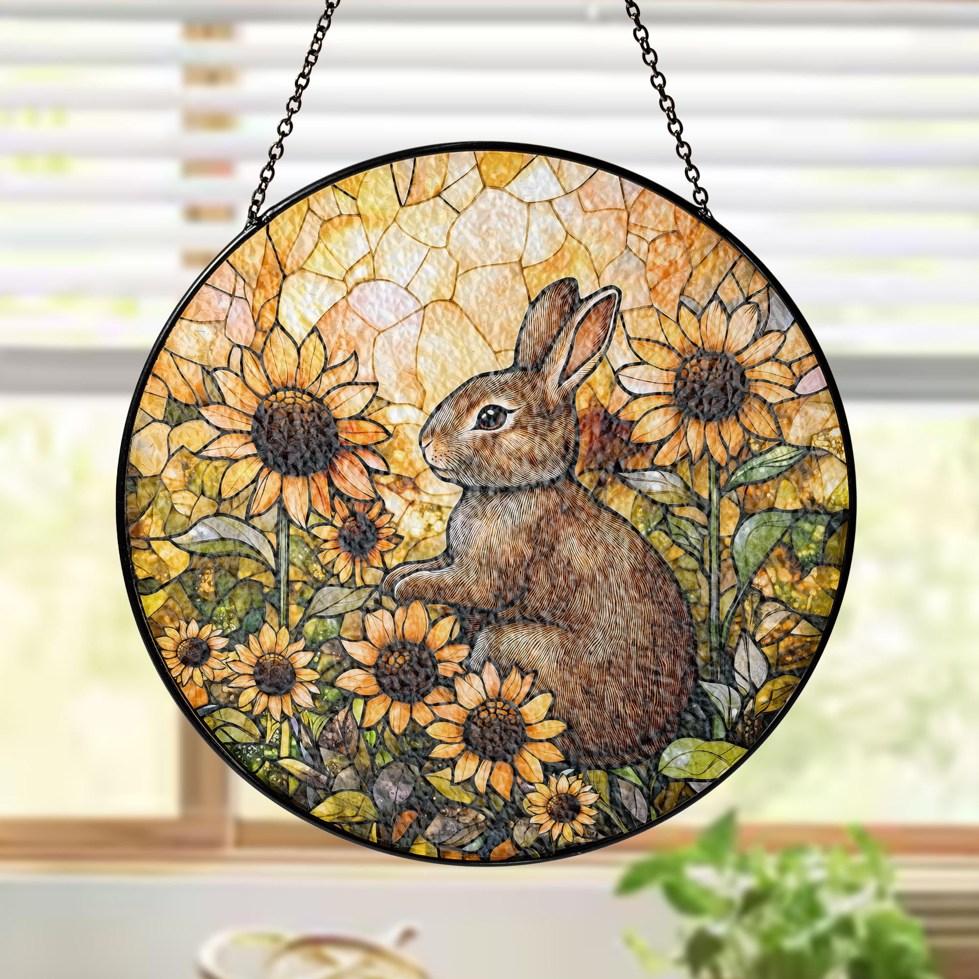 Bunny Stained Glass Suncatcher, Rabbit with Sunflower Window Hanging ...