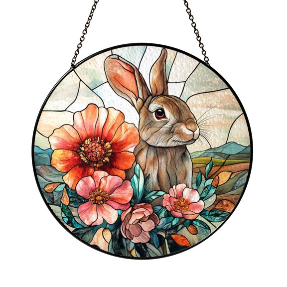 Bunny Stained Glass Suncatcher Window Hanging, Fantasy Rabbit Decorative Glass Style Panel, Nature Inspired Animal Art Ornament for Home Window Decor, Gift Idea for Rabbit Lovers