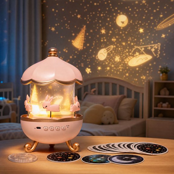 Bunny Star Projector Night Light, Rotating Carousel with 21 Films, Type-C Rechargeable Sleep Lamp for Kids Bedroom Gift - Pink