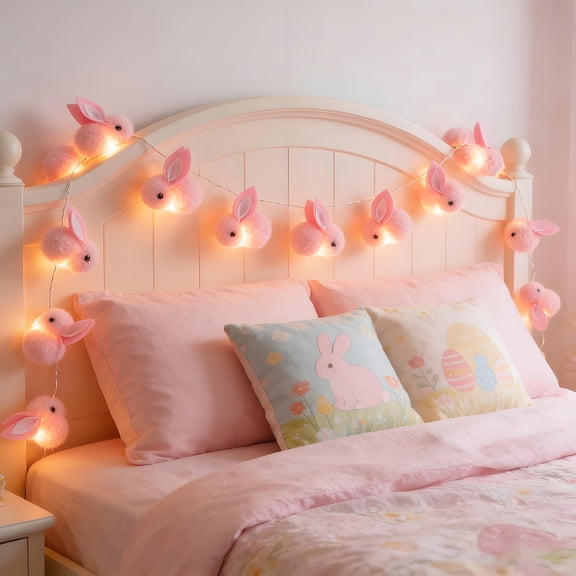 Bunny String Lights, Easter Decorative Lights, Pink Fluffy Bunny String Lights with Battery for Indoor and Outdoor Holiday Decorations, Set of 1