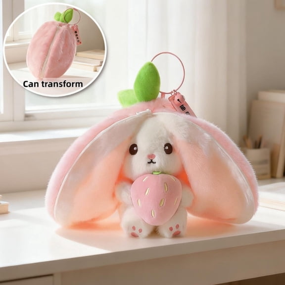Bunny Stuffed Animal 5.1'' Reversible Cuddle Strawberry Rabbit Transformed Zipper Plush Pendant Doll