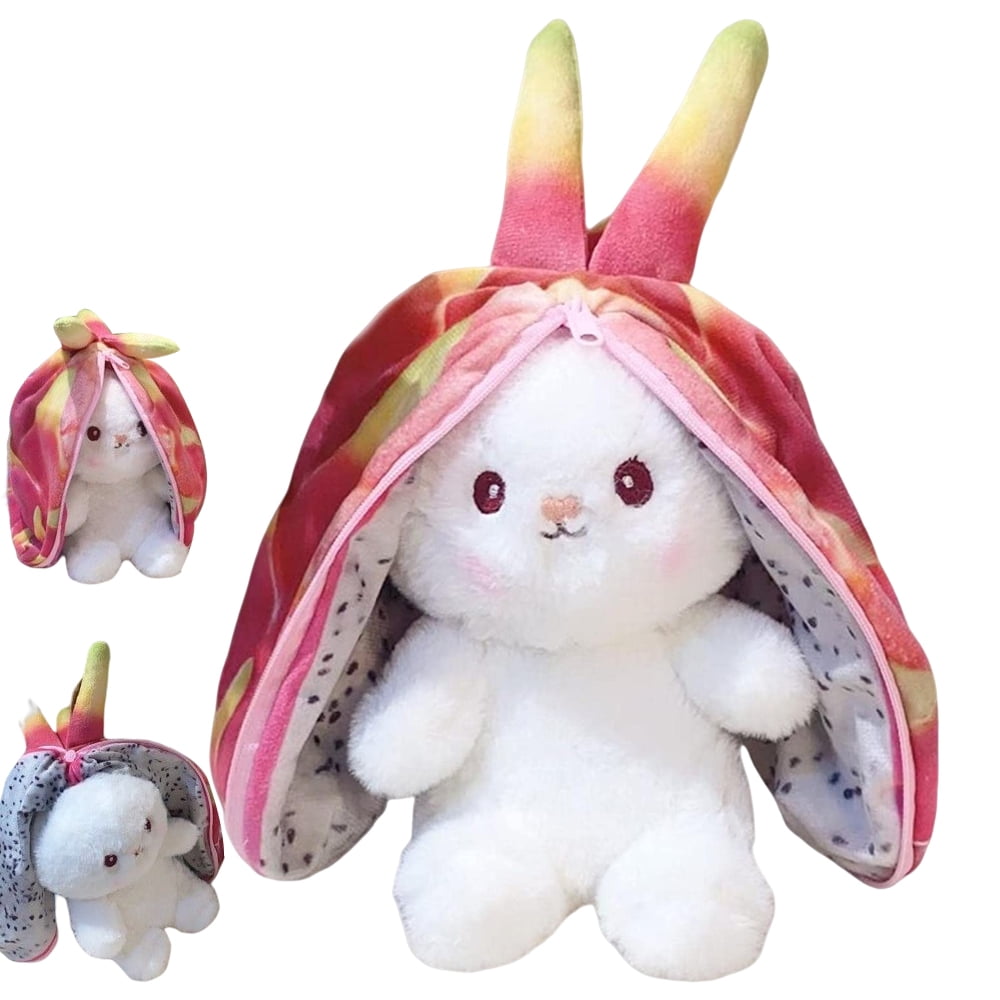 Bunny Stuffed Animal Bunny Toy Pitaya Plush with Zipper Soft Funny Reversible Reversal Drop Ear Rabbit Plush Throw Pillow 7.08 inches
