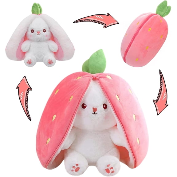 Bunny Stuffed Animal Reversible Cuddle Bunny Stuffed,Christmas Strawberry Bunny Transformed Rabbit Plush Zipper,Turns Into Ears Bunnies Plushies Toy Cute Stuffy Doll Easter Girlfriend Gift
