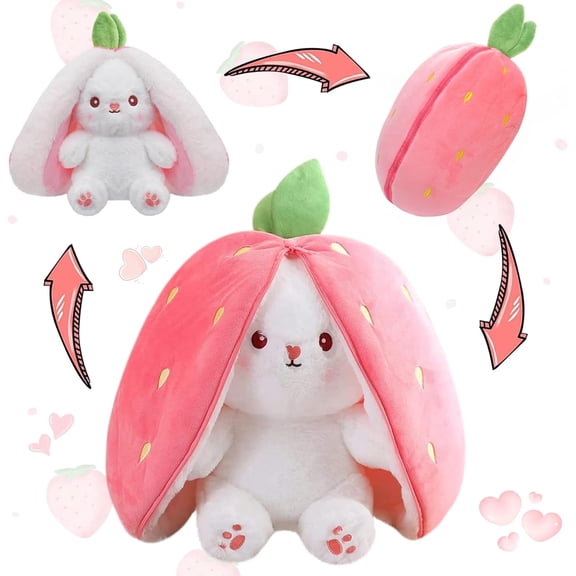 Bunny Stuffed Animal Reversible Cuddle Bunny Stuffed,Strawberry Bunny Transformed Rabbit Plush Zipper,Turns Into Ears Bunnies Plushies Toy Cute Stuffy Doll Easter Girlfriend Gift