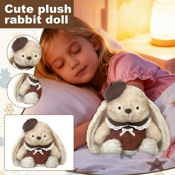 Bunny Stuffed Animal Soft Fluffy Rabbit Plush Toy, 13.7-Inch Dressed Bunny with Floppy Ears in Khaki Vintage Outfit, Huggable Rabbit Plush Easter Gifts for Family & Spring Decor