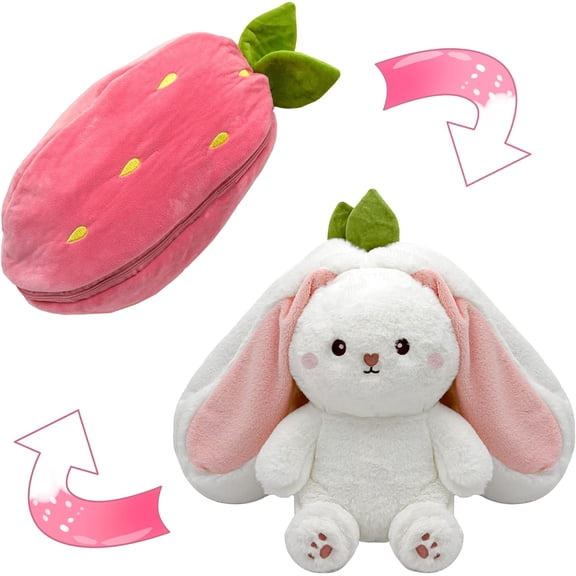 Bunny Stuffed Animal,Strawberry Reversible Cuddle Bunny Plush Doll with Zipper Cute Soft Rabbit Toys Pillow for Kids and Adults Easter Bunnies Plushies Gifts (Strawberry,9.84 inches)