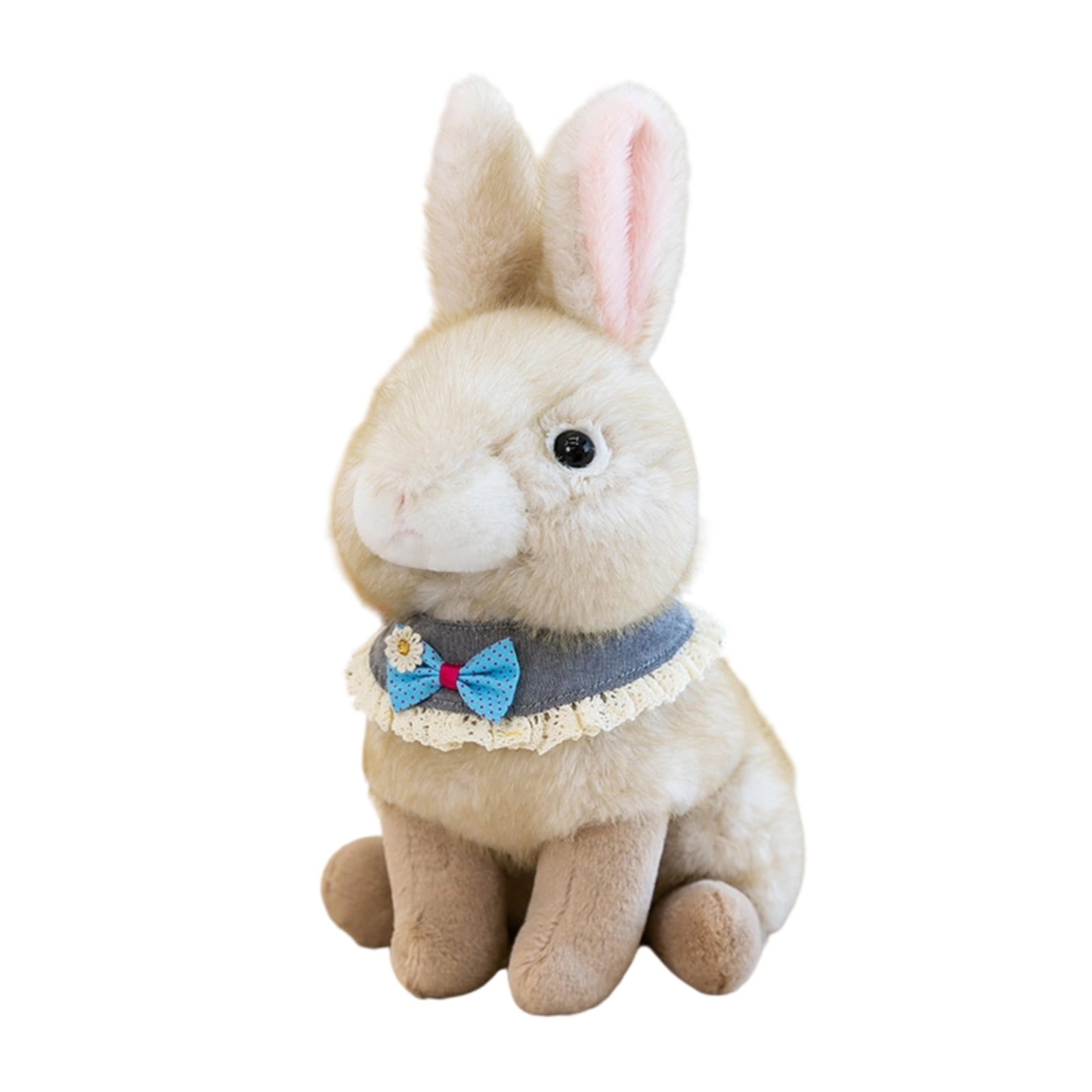 Bunny Stuffed Animal with Blue Bow Tie and Gray Lace Collar, Beige ...