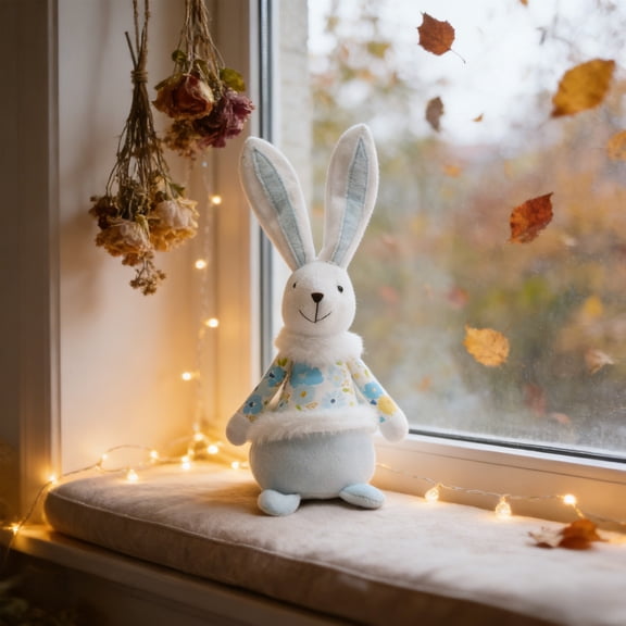Bunny Stuffed Rabbit Doll Handmade Plush Easter Figurine Floral Outfit Decorative Ornament Spring Home Decor Shelf Table Centerpiece for Living Room Bedroom Gift