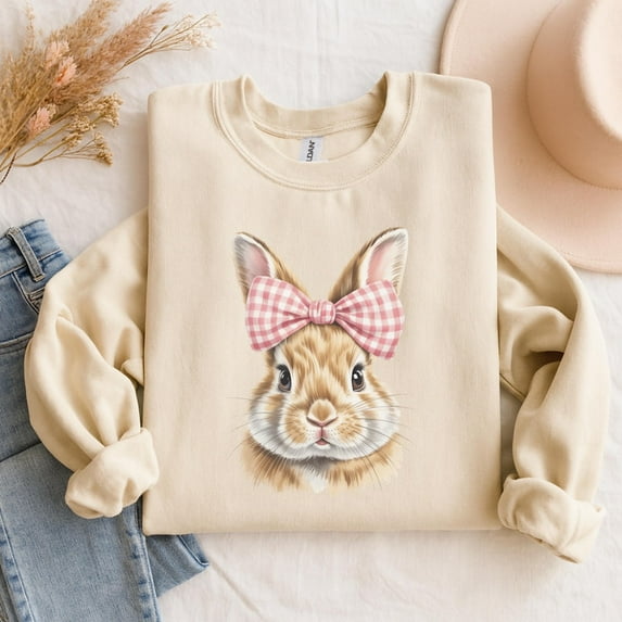 Bunny Sweatshirt With Pink Gingham Bow , Rabbit Graphic Pullover ...