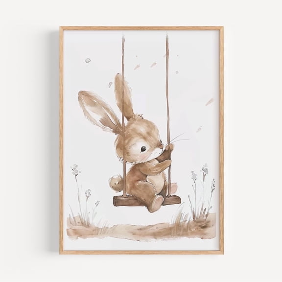 Bunny Swing Poster: Whimsical Nursery Art, Unframed Canvas Size 12x18