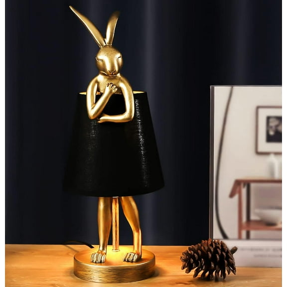 Bunny Table Lamp, Resin Rabbit Desk Light, Animal Lamps with Black/ White Linen Shade