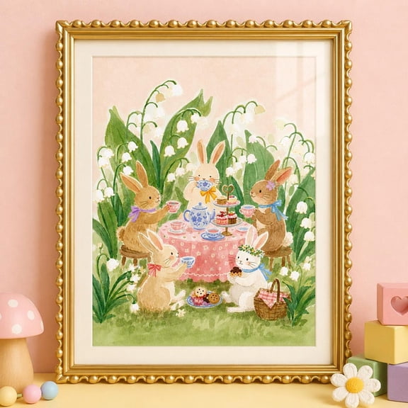 Bunny Tea Party Wall Art Rabbit Nursery Print Whimsical Bunny Garden Art Rabbit Lily Of The Valley Nursery Decor