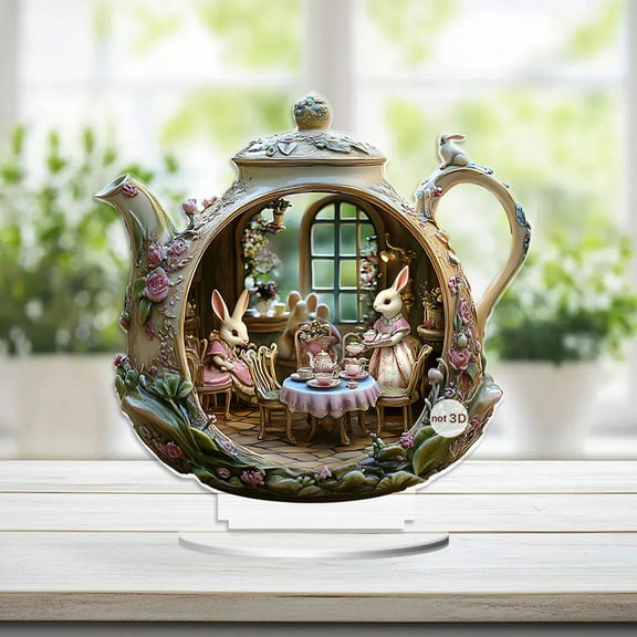 BAOPAI Bunny Teapot Scene Acrylic Desktop Decoration for Easter Holiday Party Wedding Anniversary Table Centerpiece Home Decor