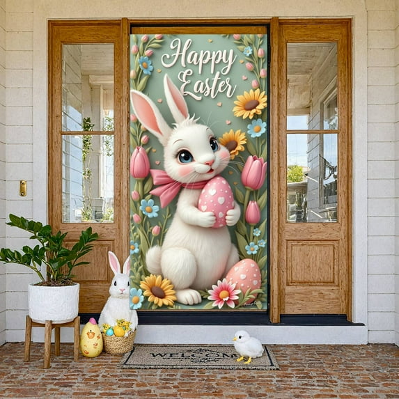 Bunny Theme Easter Banner Colorful Bows Bunny Backdrop Polka Dot Pattern Cute Design Happy Easter Background for Easter Party Spring Celebration Photo Backdrop