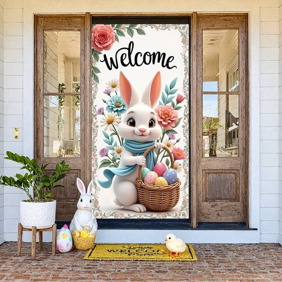 Bunny Theme Easter Bunny Banner Easter Eggs Design Welcome Display Floral Decor Welcome Text Spring Backdrop for Easter Party Spring Celebration Home Decoration
