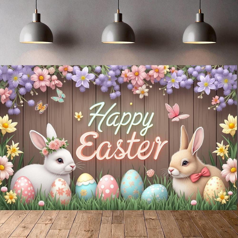Bunny Themed Easter Banner Easter Eggs Spring Backdrop Floral Decor ...