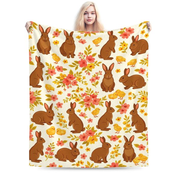 Bunny Throw Blanket, Easter Bunny Floral Blanket,Soft Warm Flannel Throw for Spring Home Decor, Sofa Bed Chair 50x40