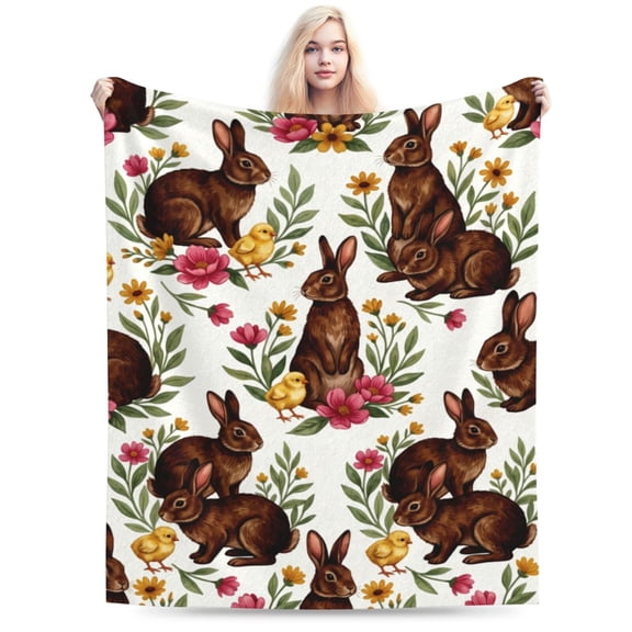 Bunny Throw Blanket, Easter Bunny Floral Blanket,Soft Warm Flannel Throw for Spring Home Decor, Sofa Bed Chair 50x40