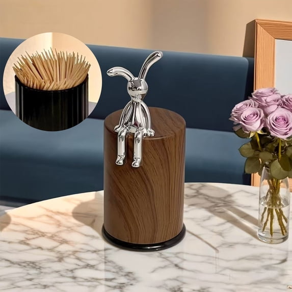 Bunny Toothpick Holder, Imitation Wood Grain Toothpick Dispenser, Funny Desktop Decor for Kitchen Home Office Restaurant(A)