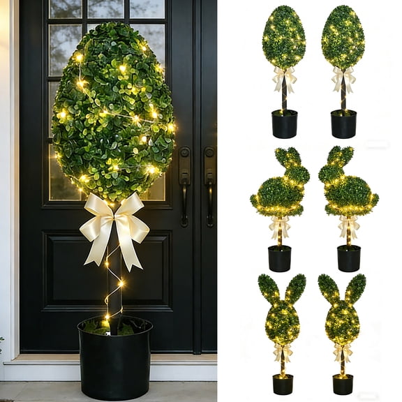 Bunny Topiary, 30" Easter Bunny Topiary with Light, UV-Resistant Easter Home Decor for Porch, Outdoor & Indoor Spring Rabbit Artificial Topiary Tree