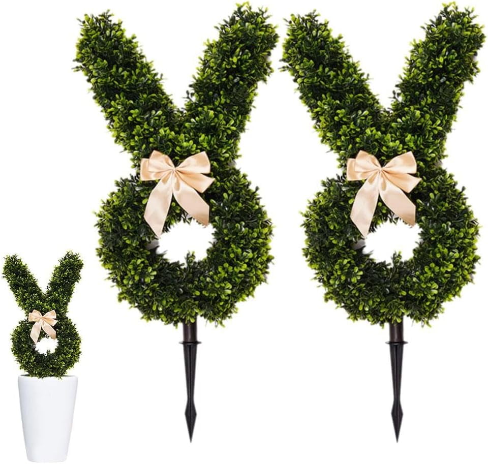 Bunny Topiary, 31.5 Inch Green Artificial Bunny-Shaped Topiary Tree Pot ...