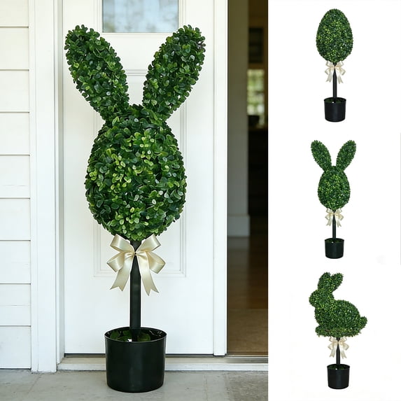 Bunny Topiary Outdoor, Green Artificial Bunny-Shaped Topiary Tree Faux Boxwood Bush Plants, Easter Rabbit Boxwood Topiaries Plant for Indoor Outdoor Home Porch Decor