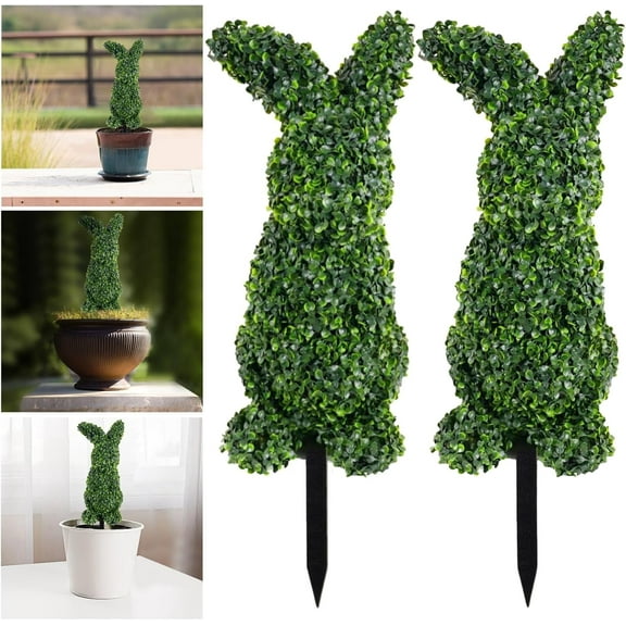 Bunny Topiary Outdoor- Set of 2, 30inch Artificial Easter Bunny-Shaped Topiary Tree Pot Fake Easter Bunnies Plant, Easter Rabbit Boxwood Topiaries Plant for Garden Front Porch Decor