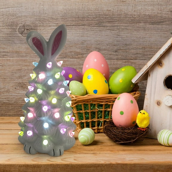 Bunny Tree Easter Decorations,Lighted Gnome Easter Ceramic Tree,Easter Decorations for The Home Lighted Easter Spring Gnome Ceramic Tree Decor,Light up Tree Easter Bunny Decor Table Top