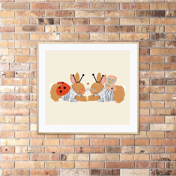 Bunny Twins Print Hand Drawn Whimsical Nursery Art, Unframed Paper Print