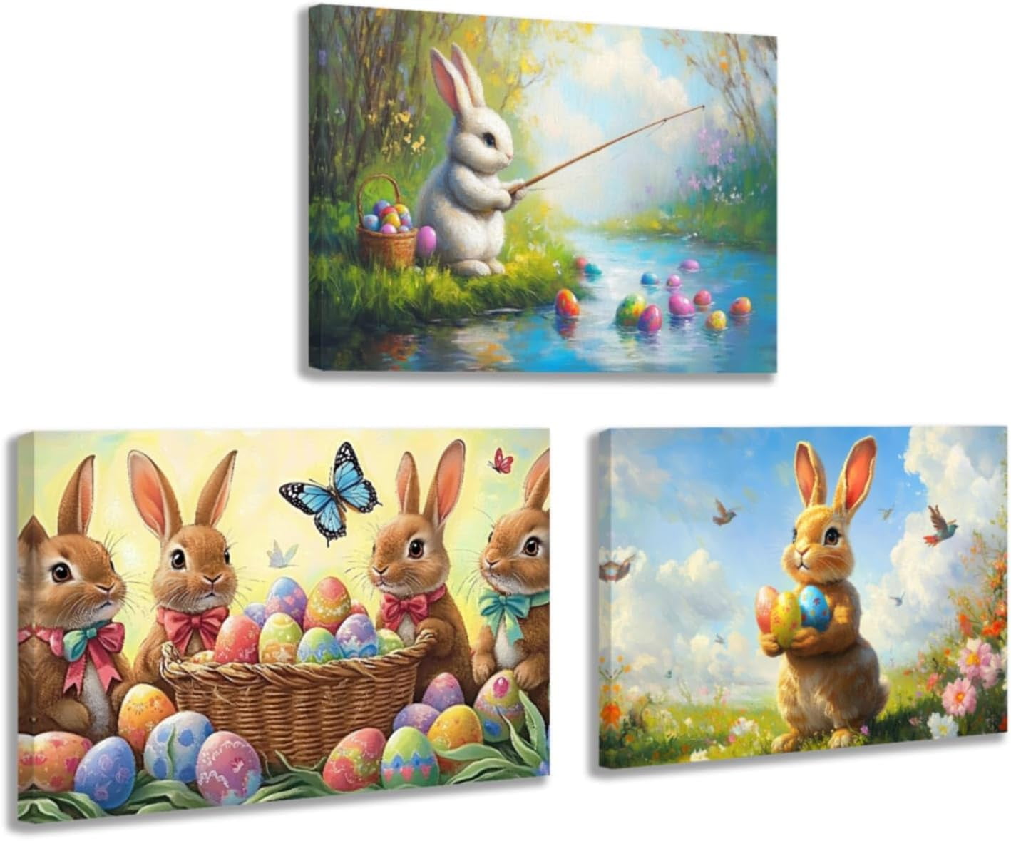 Bunny Wall Art Set of 3 Rabbit Pictures Canvas Woodland Animal Painting ...