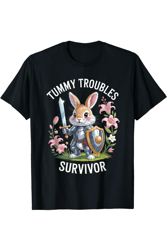 Bunny Warrior With Sword And Shield Tummy Troubles Survivor T-Shirt , Vintage T-Shirt