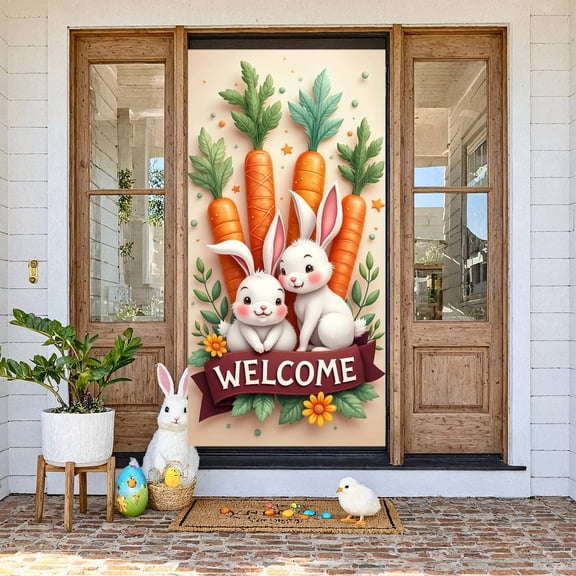 Bunny Welcome Banner Carrot Rabbit Display Green Leaves Yellow Flowers Easter Background for Easter Party Spring Celebration Kids Party