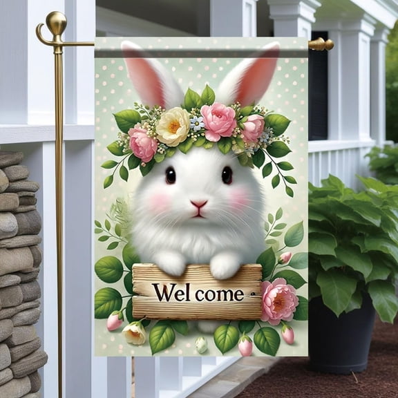 Bunny Welcome Garden Flag 12x18 Inch Double Sided Outdoor Yard Banner Cute White Rabbit with Flower Crown Spring Easter Porch Lawn Home Decoration