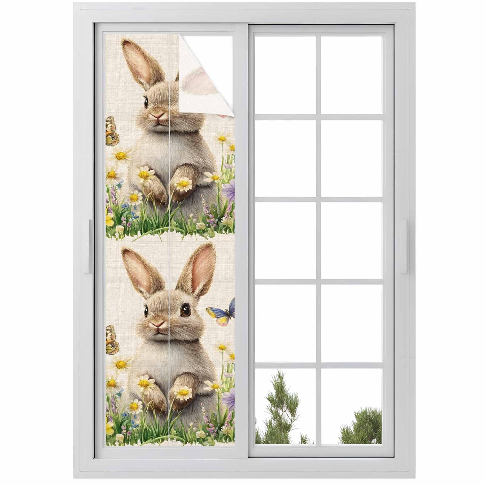Bunny Window Privacy Film, Easter Rabbit Frosted Glass Window Clings Static Cling UV Heat Blocking Reusable Door Sticker for Bathroom 29.5 x 118 Inch