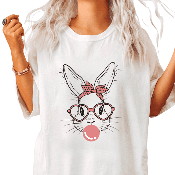 Bunny With Bandana Glasses Bubblegum Line Art Graphic Short Sleeve T-Shirt Crewneck White Tops