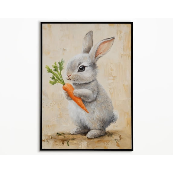 Bunny With Carrot Art Print, Whimsical Rabbit Nursery Decor Poster ...