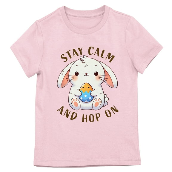 Bunny With Easter Egg Stay Calm And Hop On Youth Girl's Pink Crew Neck Short Sleeve T-shirt-Medium