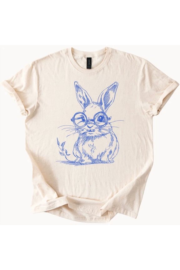 Bunny With Glasses Shirt Blue Line Art Rabbit Drawing Animal Graphic Tee Size S-5Xl Heygategoo Tee